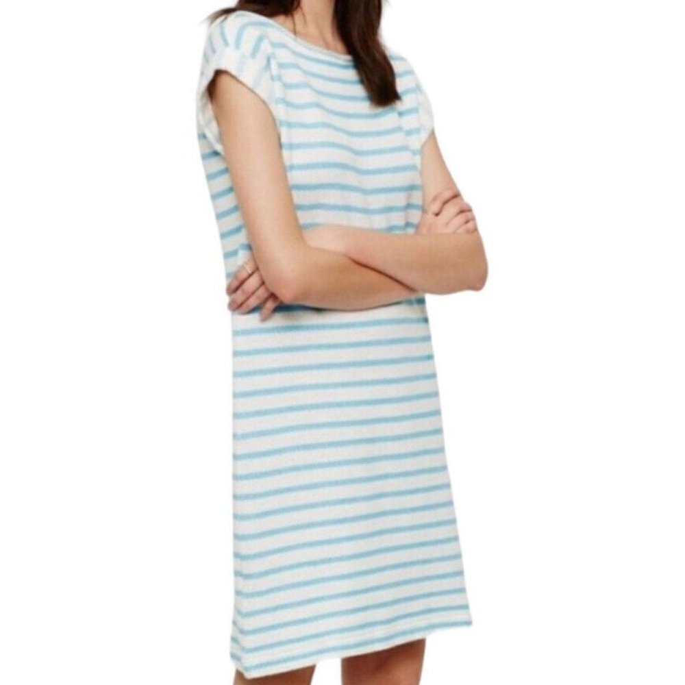 Lou & Grey Loft White Blue Stripe Slub Knit Short Sleeve T-Shirt Dress Size XS